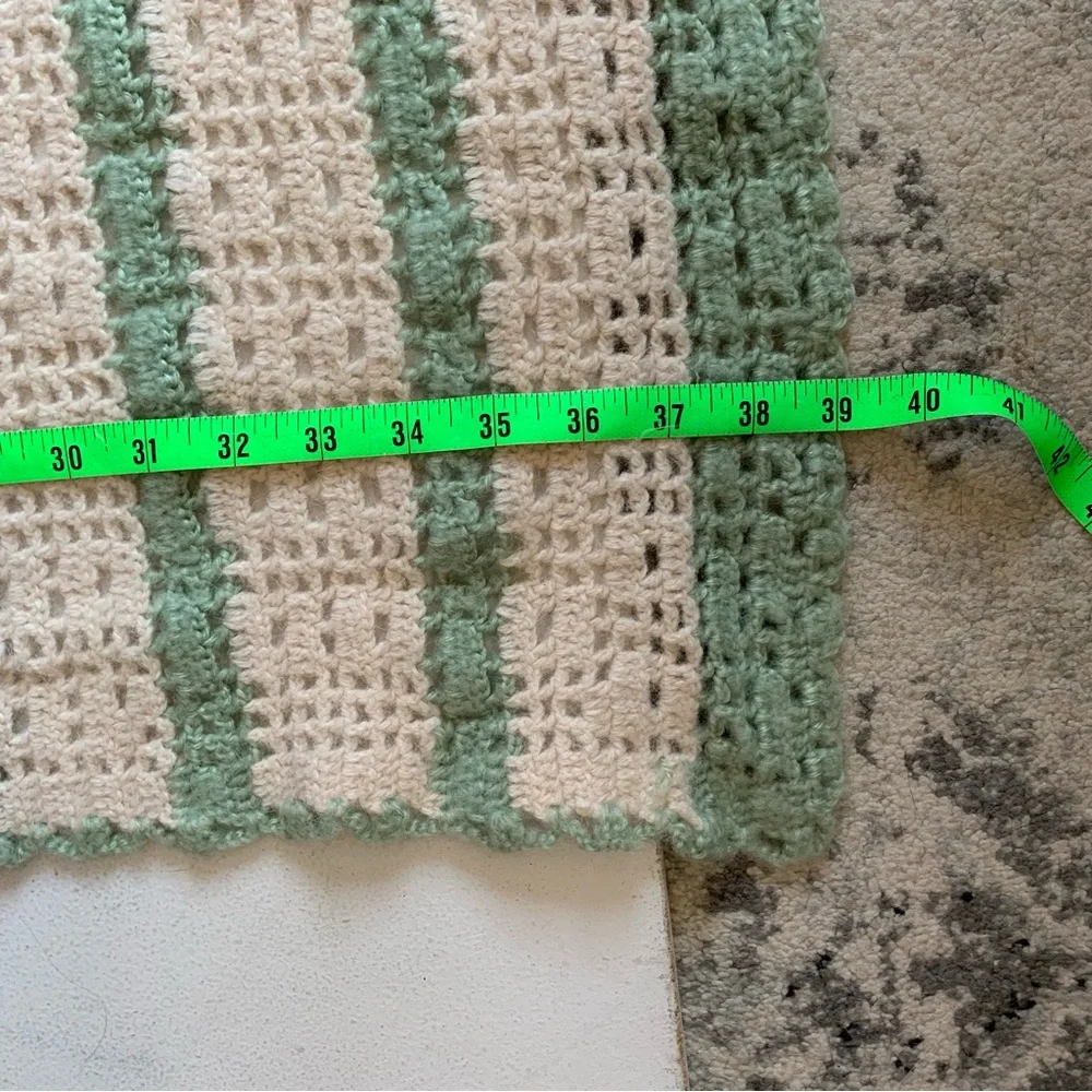 Vintage Handmade Crochet Knit Afghan Throw Blanket Green Cream Tan